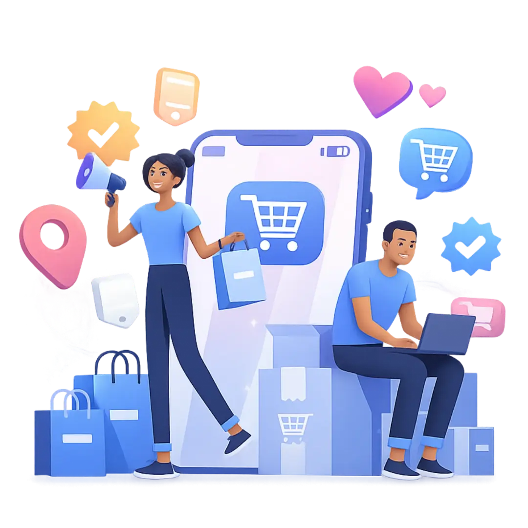 Illustration of an e-commerce business scene with people managing online shopping, digital marketing, orders, and customer engagement using a smartphone and laptop.